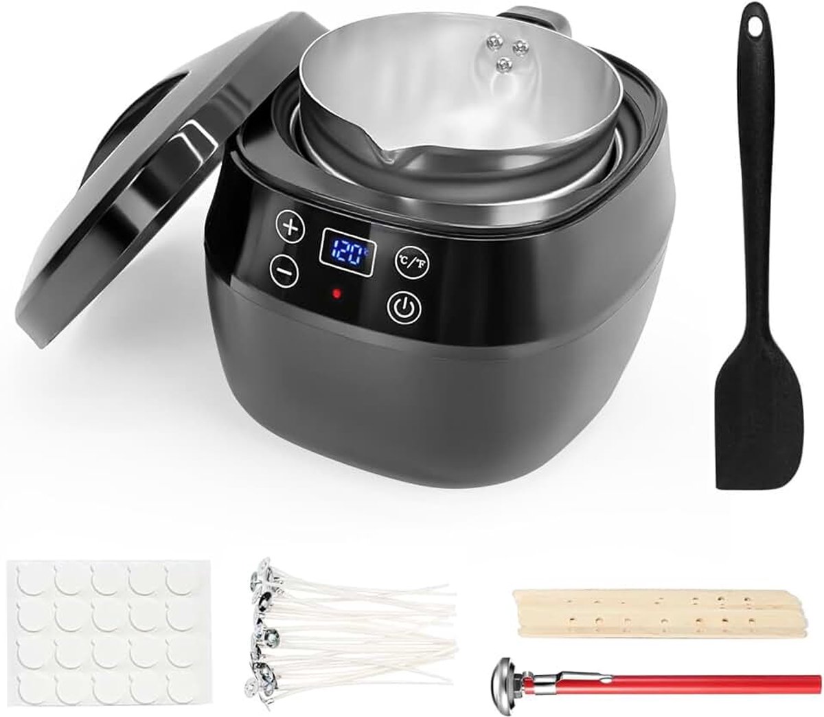 Waxsmeltpan met LED-display, instelbare temperatuur | 1 liter waxsmeltpan voor het maken van kaarsen, lonten, lontstickers, lontcentreerhulpmiddel en siliconen lepel inbegrepen