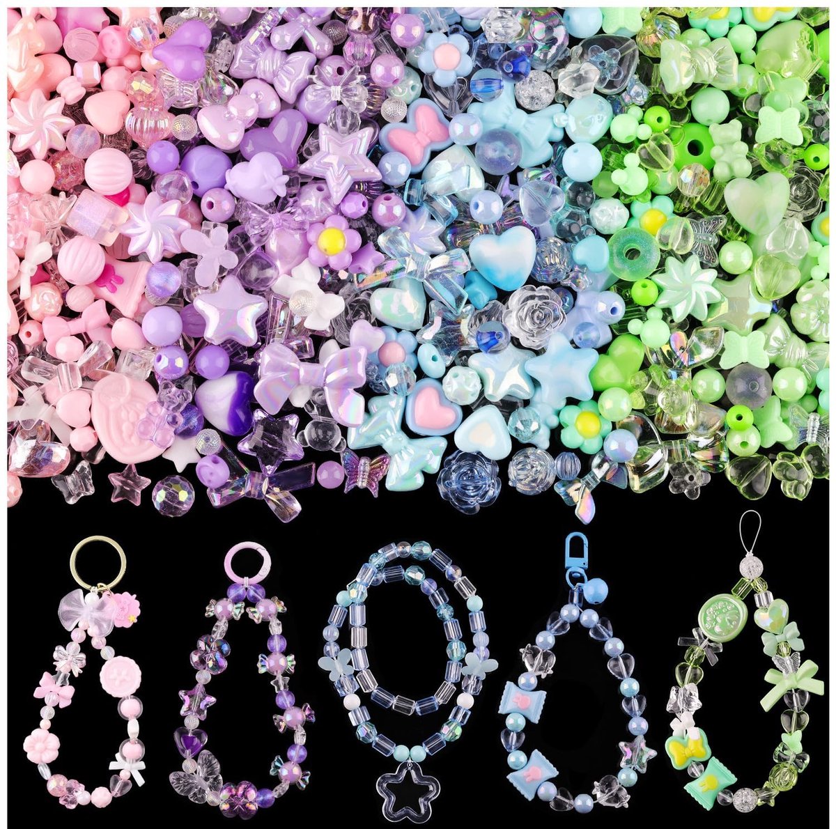 Acrylkralen, 240 stuks, meerkleurig met bloemenmotief, harten, beer, knopen, ovaal, sieraden, CRAFT_BEAD