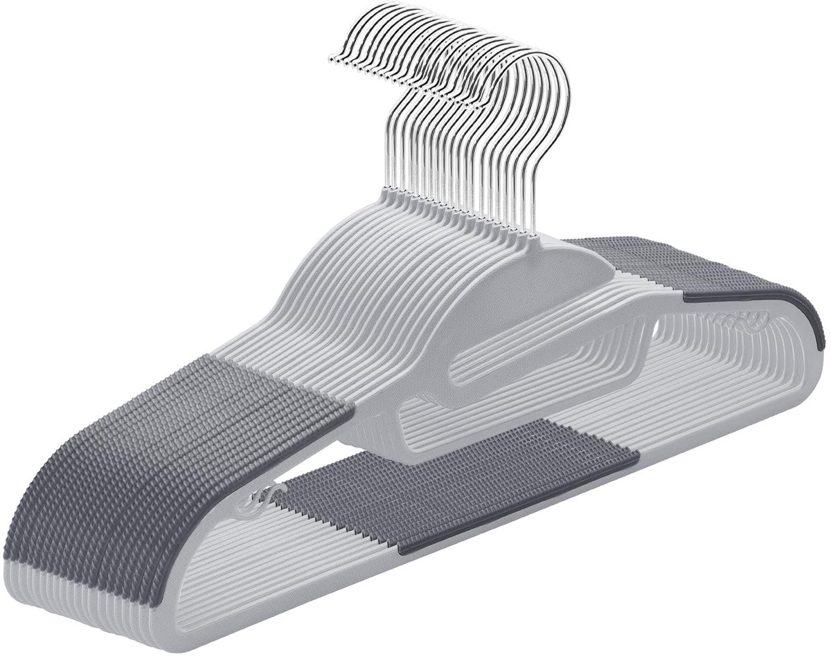 Set van 20 plastic kleerhangers, zware broekhangers, ruimtebesparende kledinghangers met S-vormige opening, antislip, 360º draaibare haak, 41,4 cm L x 0,5 cm B x 22,6 cm H, grijs, UAPY0420G