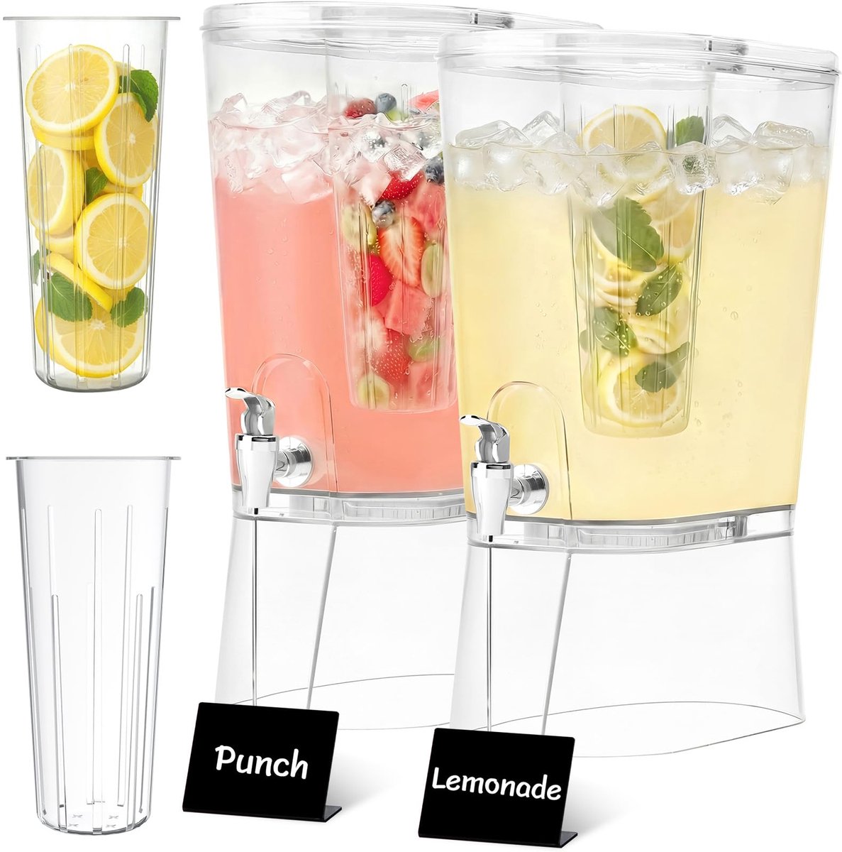 Drankdispenser met Tapkraan, Standaard, Ijscylinder en Uitwisbaar Bord, Plastic Drinkdispenser voor Limonade, Sap, Water, Dranken, Drinkzuil voor Feest, Buffet, 2 stuks