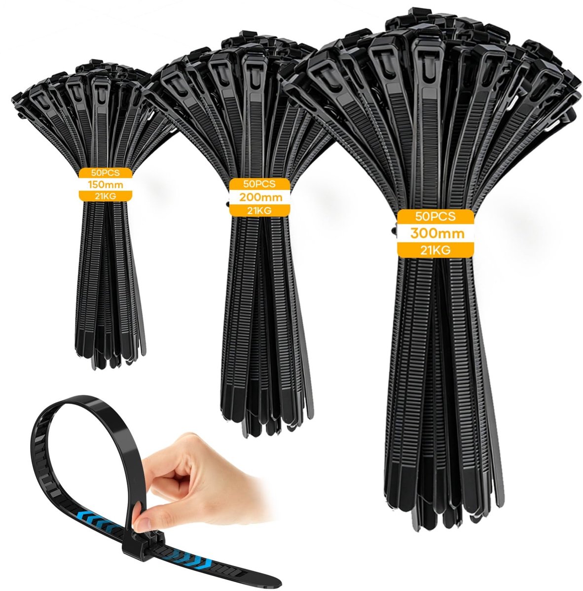 kabelbinders,set van 150 stuks,150/200/300 mm,UV-bestendig,zwart.Hersluitbare kabelbinders voor kabelbeheer,tuinieren,kantoor- en thuisgebruik,werkplaatsen en elektrische installaties