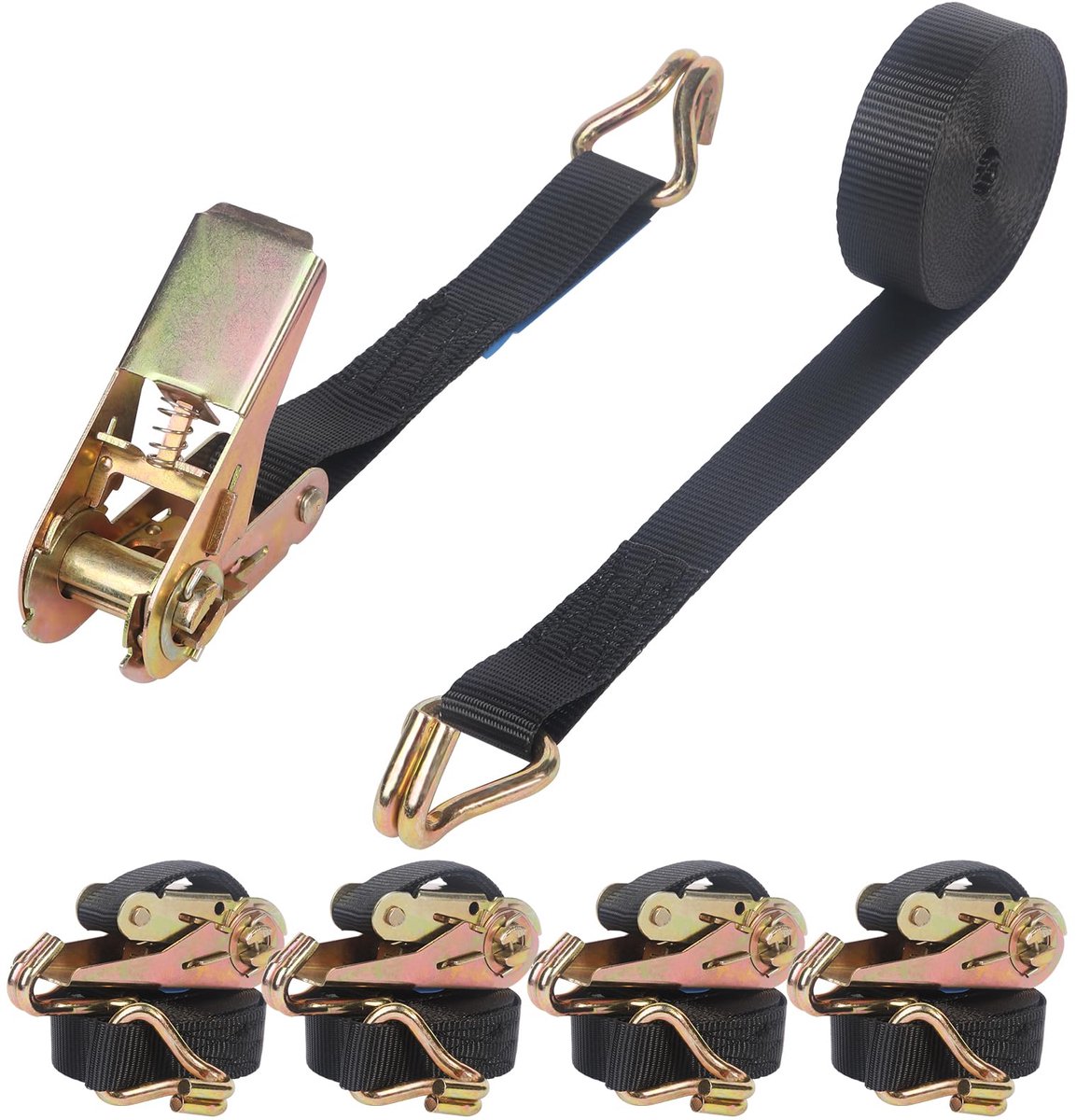 Ratelriemen met J-haken, 4 x 800 kg x 4 m Heavy Duty Ratelriem 25 mm breed 800 kg breeksterkte, verstelbare spanriemen voor bestelwagens, bagage, lading, motorfiets (zwart)