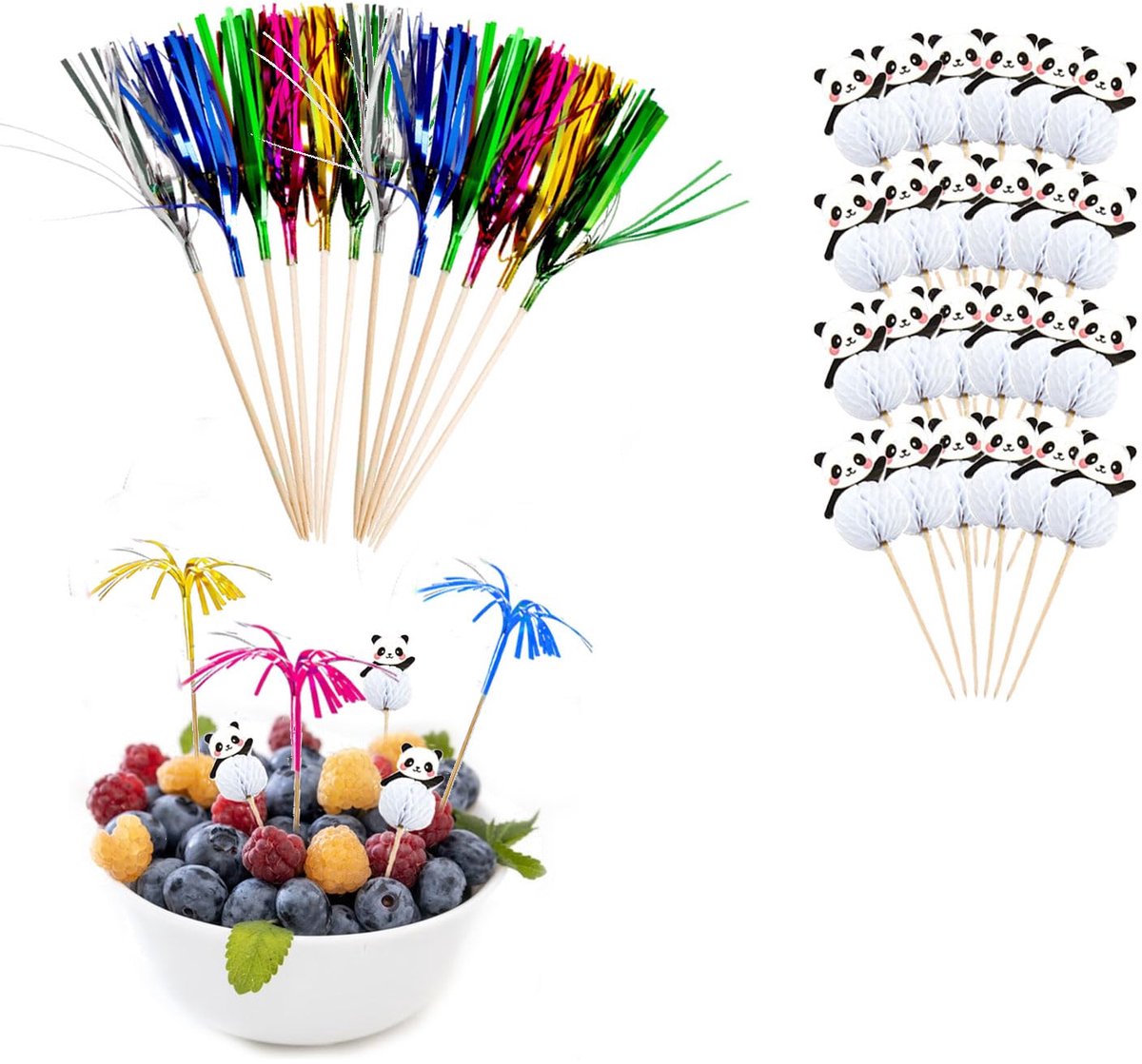 100 stuks cocktailspiesen in vuurwerk- en panda-vorm – ideaal voor het decoreren van taarten, fruit en dranken. Perfect voor bars en feestjes.