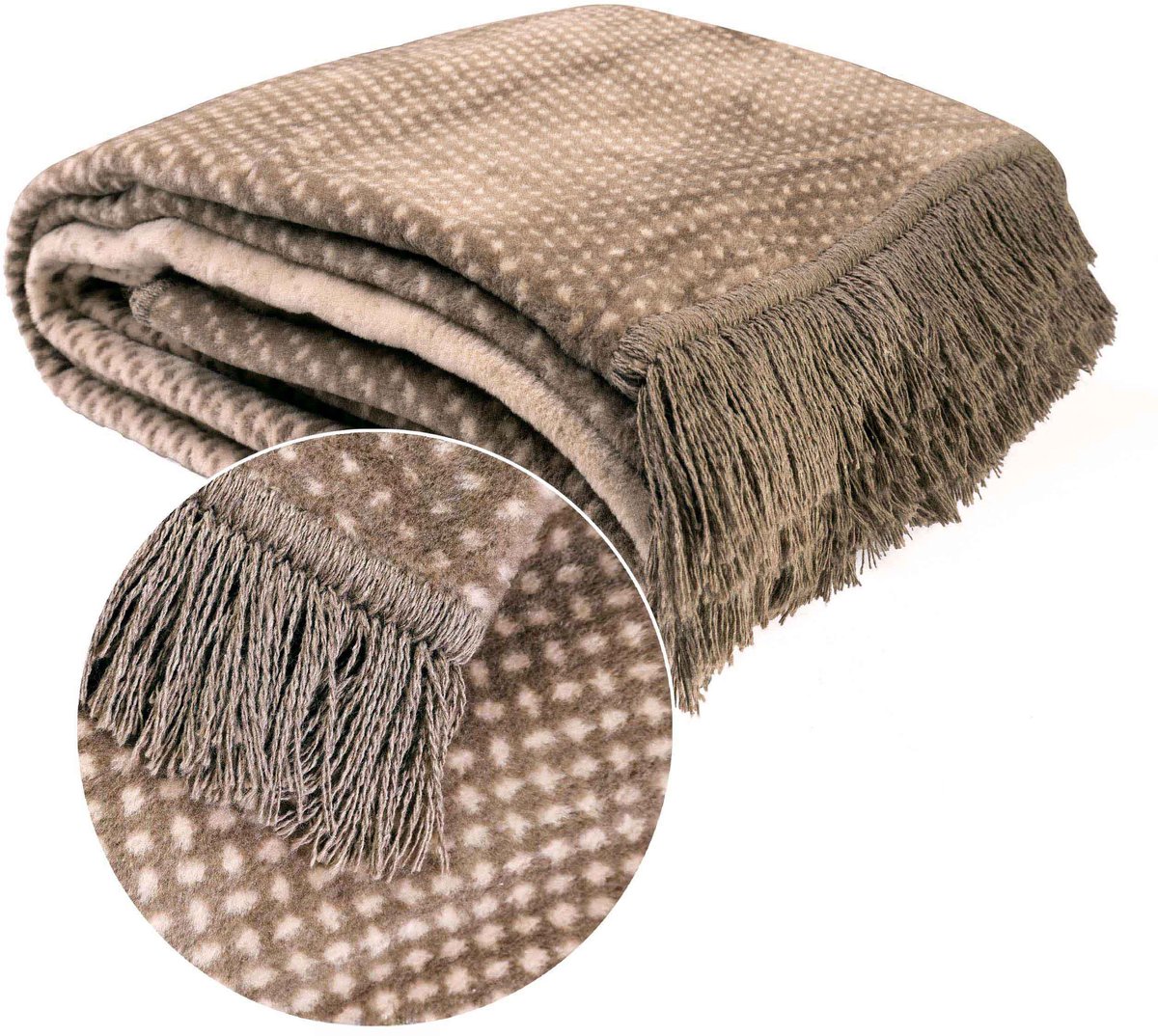 Woondeken 150x200 cm - Met Franjes - Bruin & Beige met Geometrische Stippen