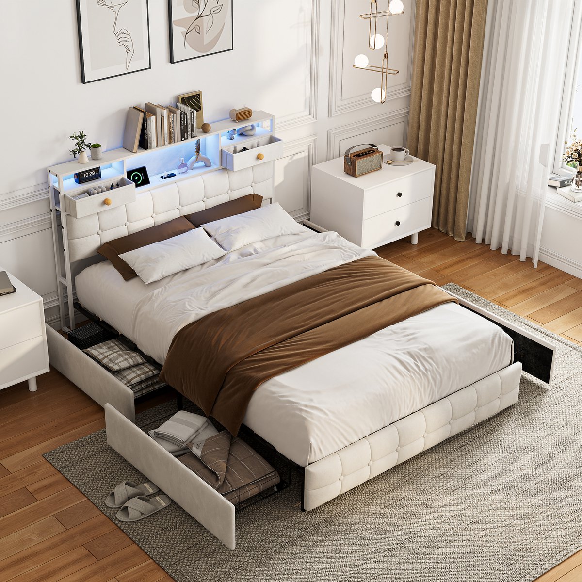 ROSAHQNDA Tweepersoonsbed 140x200 cm, gestoffeerd bed met led verlichting en opbergruimte, fluwelen bed met 4 lades en opberghoofdbord met 2 lades, beige, zonder matras