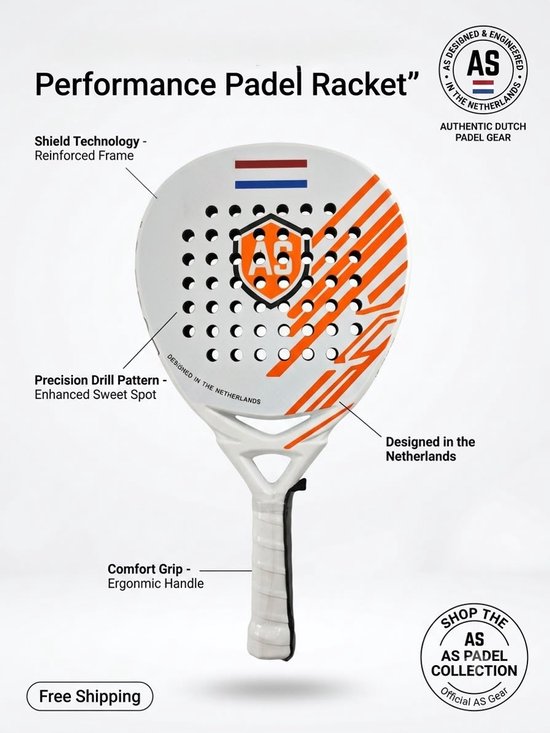 AS Edge 3K Carbon Padelracket – Power & Control – EVA Medium Foam – Comfort Grip – Druppel Vorm – Unisex – Wit/Oranje