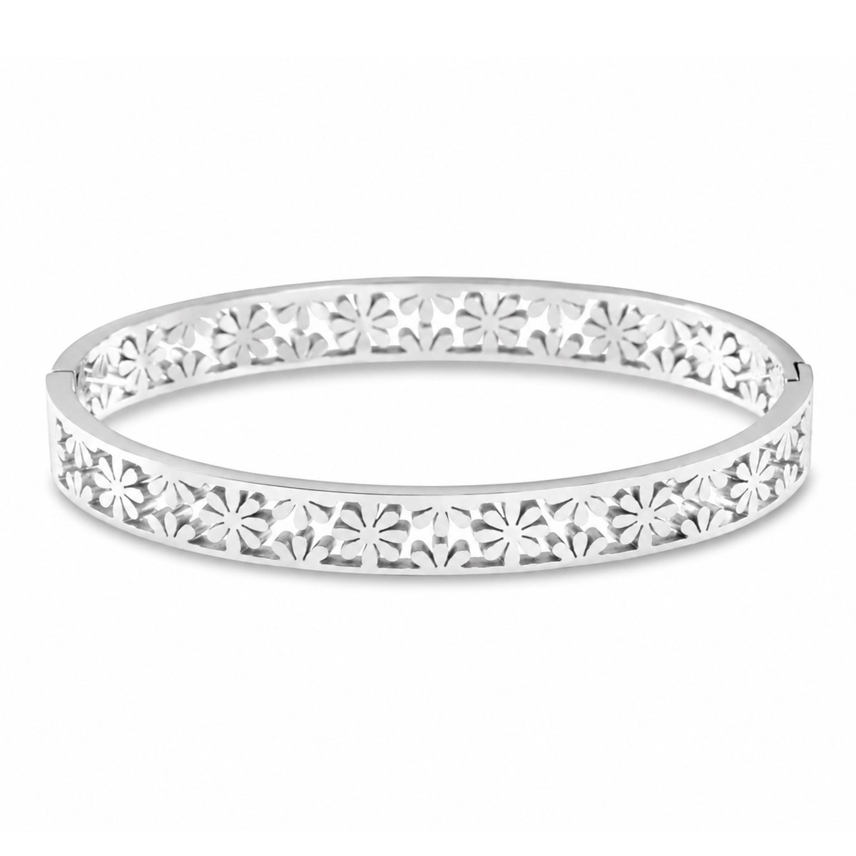 Marama Fiore Armband Zilver – Premium 304 Stainless Steel Bangle met Bloemenpatroon – Nikkelvrij – Waterproof – Scharniersluiting