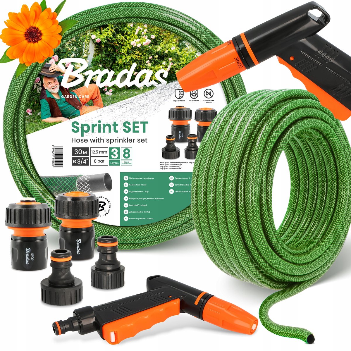 Tuinslang 30m 3/4" Groen 3-laags met Koppelingen & Sproeier
