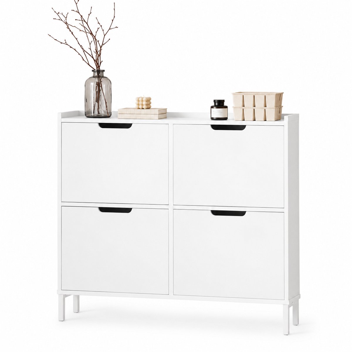 Loushops - Schoenenkast - Kast - Dressoir - Opbergkast - Schoenen opbergsysteem - 4 Kleppen kast - 100 x 90 x 19 cm - Wit
