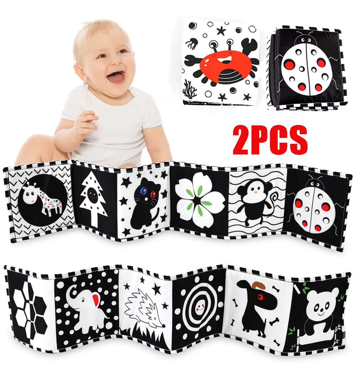 2 stuks Zwart-wit babyboek, babyboek van zachte stof met hoog contrast voor pasgeborenen van 0-6-12 maanden, speelgoed voor buikligging, sensorisch speelgoed voor vroege educatie, cadeau voor jongens en meisjes, Krab + Lieveheersbeestje