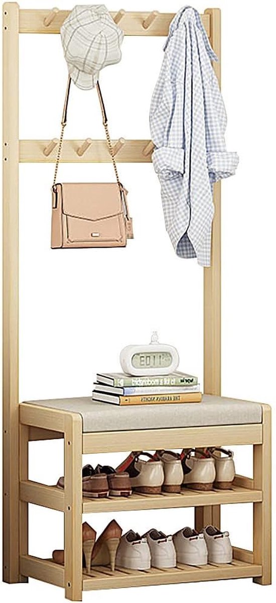 Kapstok met bank - Kledingrek schoenenrek - Gang organiseren - Inclusief zitkussen - 80x31x172cm - Houtkleur