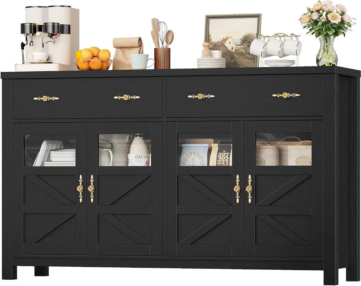 Dressoir Keuken - Buffetkast Opbergkast - Ruimte Organiseren - Halfglazen Deuren - 140 cm Breed - Zwart