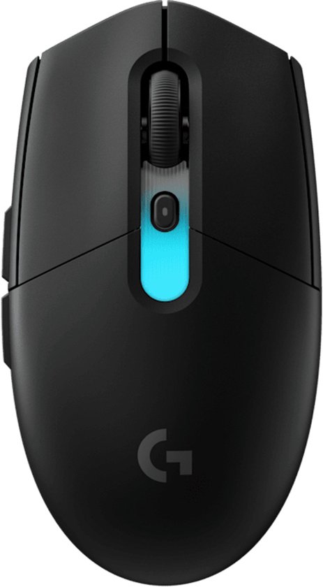 Zwarte draadloze gamingmuis met gloeiend blauw scrollwheel en Logitech G logo.
