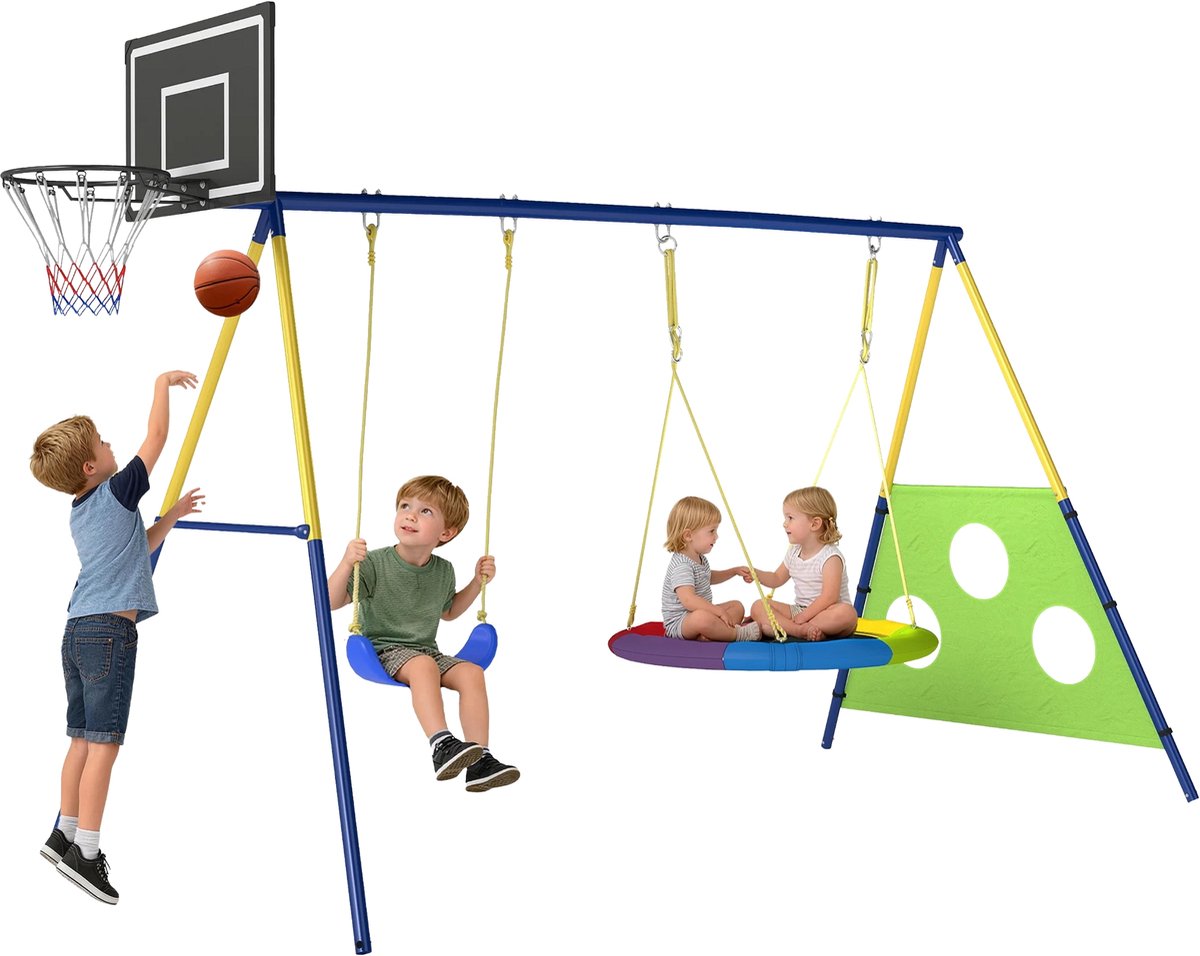 4-in-1 Schommelset voor Kinderen – Schommelframe met Nestschommel, Basketbalring en Voetbaldoel – Buitenspeeltoestel – Multicolor