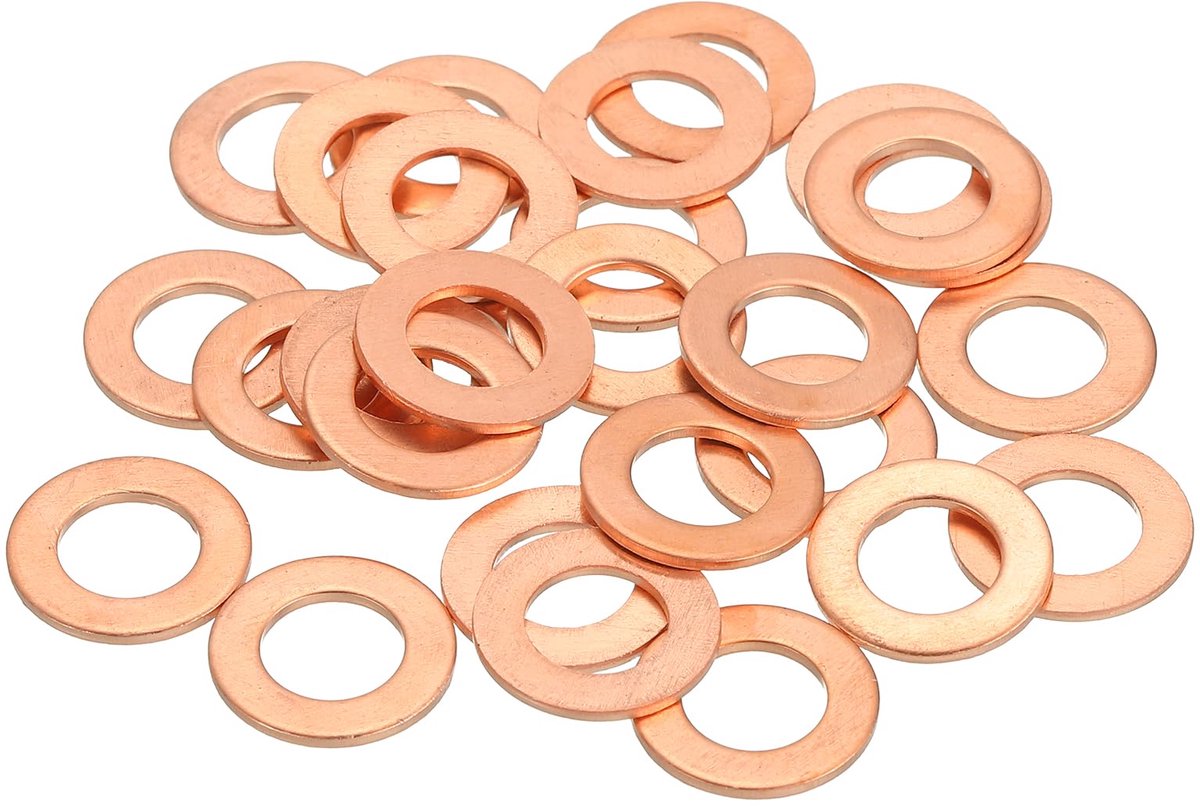 Platte sluitringen, set koperen sluitringen M8 afdichtingen, koper, geassorteerde slijpschijven, 8 mm ID, 14 mm OD, 1 mm dikte voor bouten, schroeven, mechanische reparatie