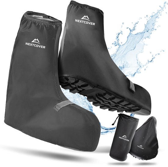 Zwarte waterdichte fietsoverschoenen van Nextcover met reflecterende details, inclusief draagtas.