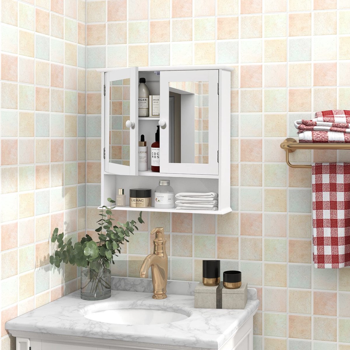 Badkamerkast met Spiegeldeuren 13x56x58 cm - Houten Hangkast Wit - Ruimtebesparend en Stijlvol - SnelShoppen