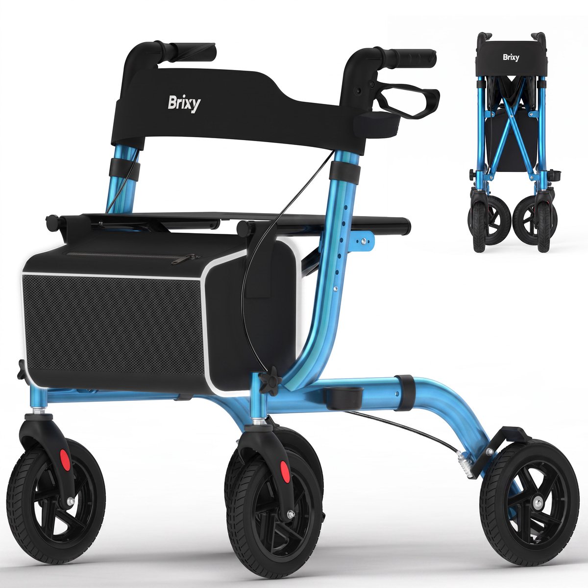 Brixy Rollator - Lichtgewicht & Opvouwbaar - 360° Rubberen Wielen - Zitfunctie - Binnen & Buiten - Rugleuning, Tas & Wandelstokhouder - Blauw