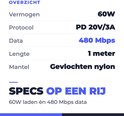 Specificaties: 60W laadvermogen, 480 Mbps datasnelheid, 1 meter lengte, gevlochten nylon mantel.
