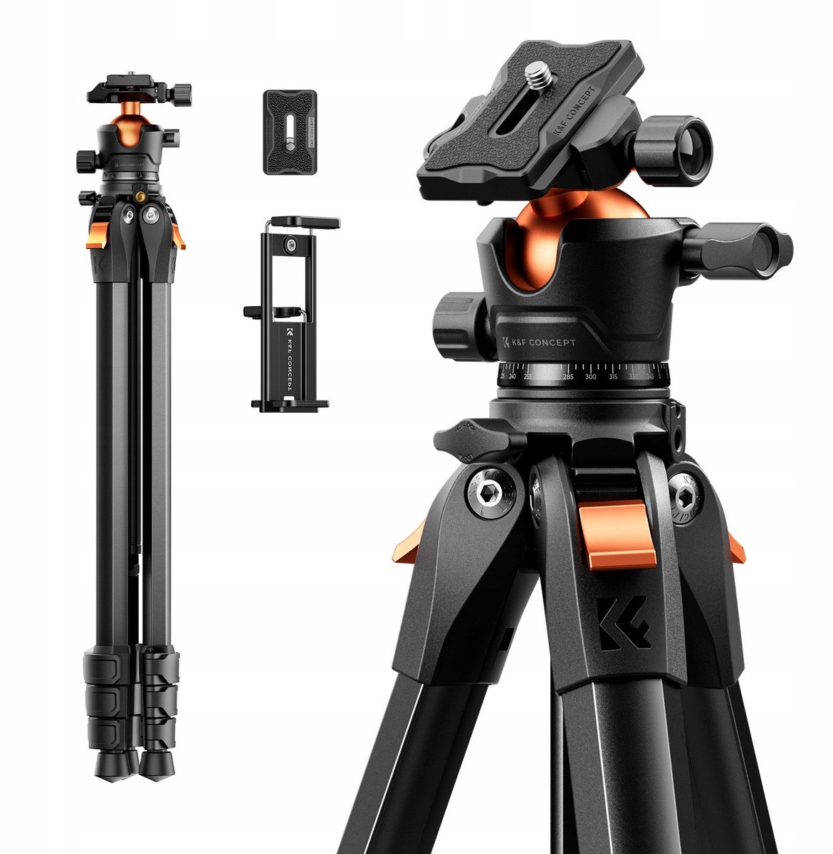 K&F Concept Statief 172cm 10kg Arca-Swiss 3D Kop voor Telefoon & Tablet