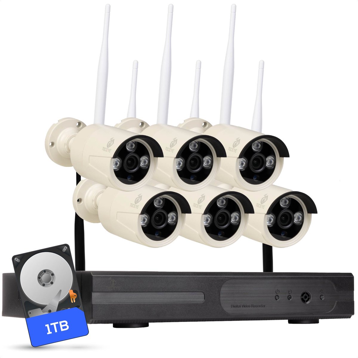 Teceye Bullet Beveiligingscamera Buiten met Recorder - Draadloze Buitencamera - 6 Camera - 1TB Opslag