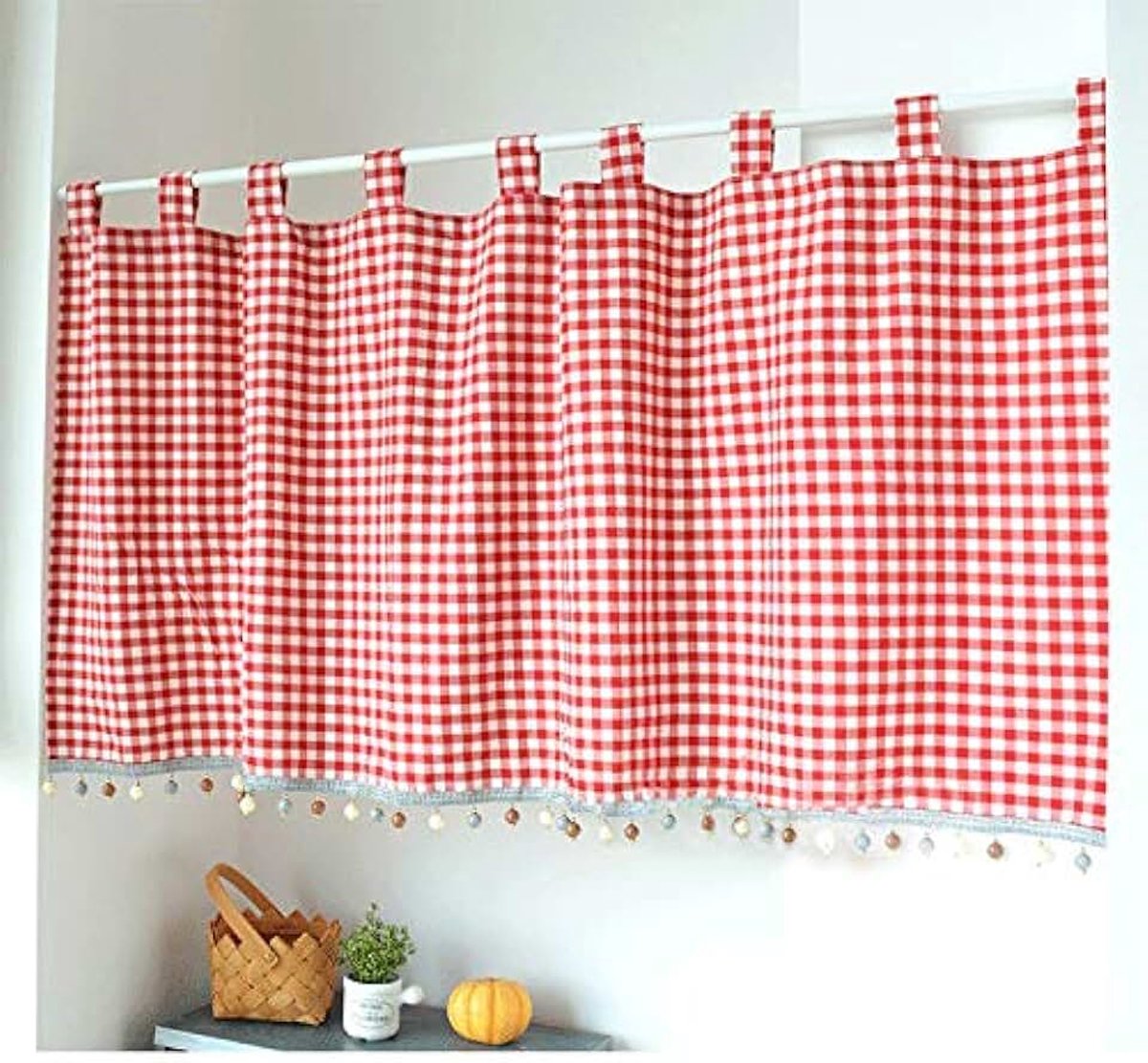Schlaufenschal karo gordijn, gekareerd keukengordijn, schermgordijn met ronde rand, landelijke stijl, bistrogordijn met raffhalter (HxB 50x100 cm, rood) 1 stuk