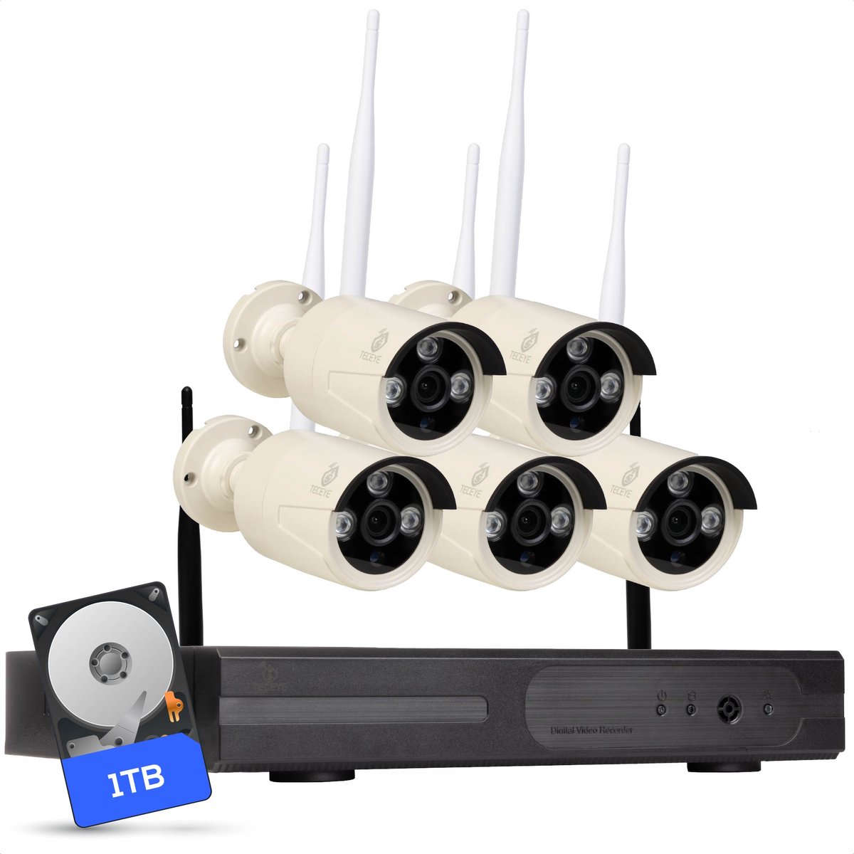 Teceye Bullet Beveiligingscamera Buiten met Recorder - Draadloze Buitencamera - 5 Camera - 1TB Opslag