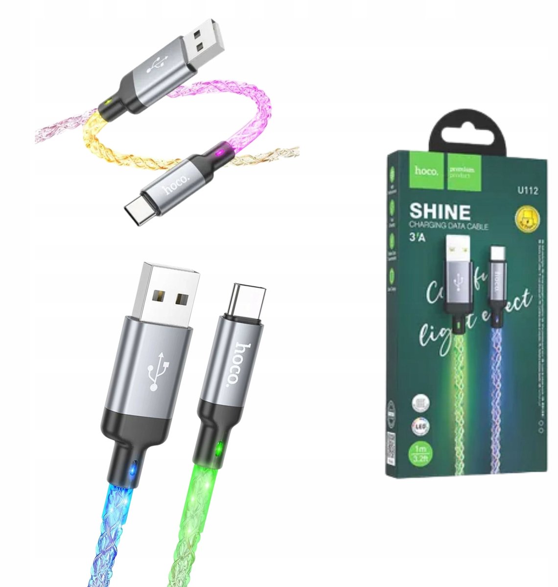 Hoco U112 USB-A naar USB-C Kabel 3A 1m Grijs LED - Sterk Gevlochten