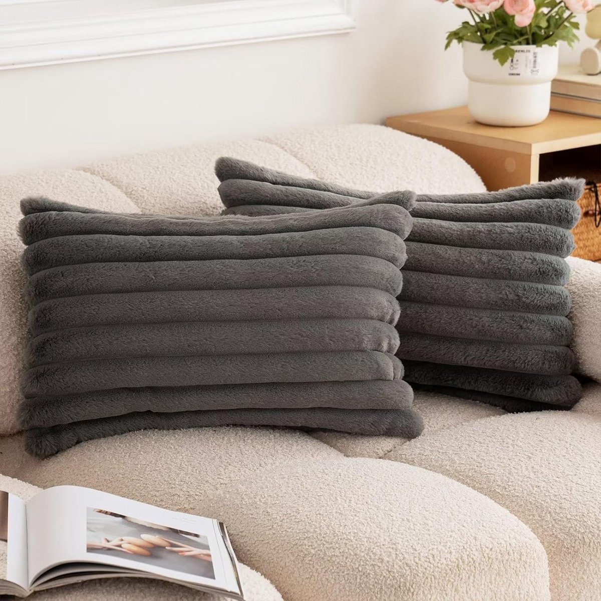 MODFU Kussenslopen 2 stuks 30x50 cm – Zachte pluche & fluweel – Met verborgen ritssluiting – Franjerand – Voor slaapkamer & woonkamer – Grijs