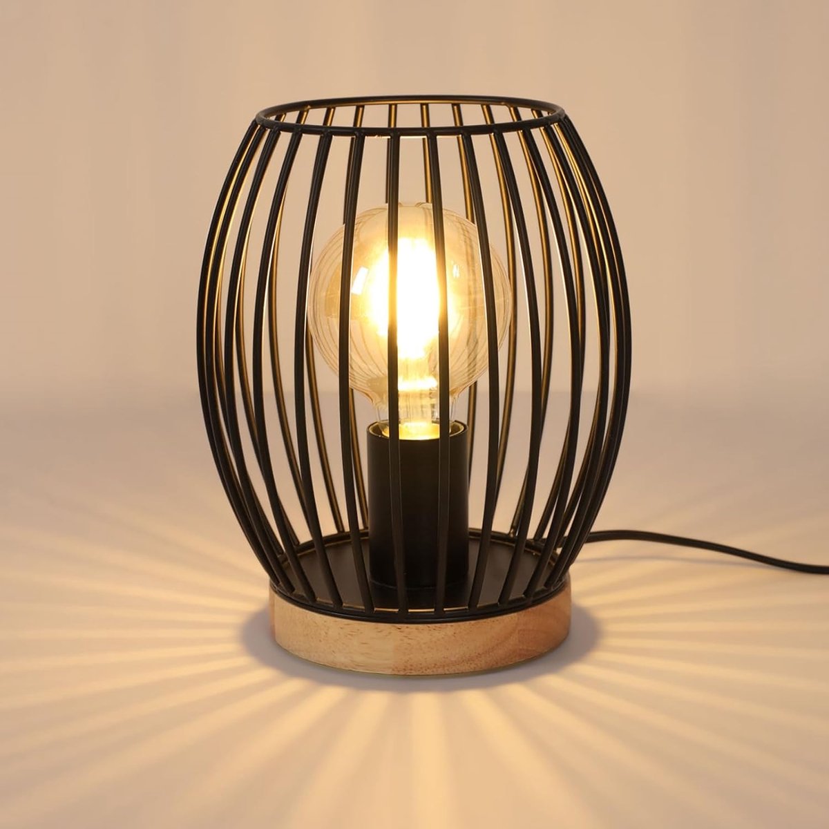Riserva Tafellamp industriële stijl ovaal zwart ijzer‑hout, E27 fitting, max 60W, zonder lamp, voor slaapkamer studeerkamer woonkamer