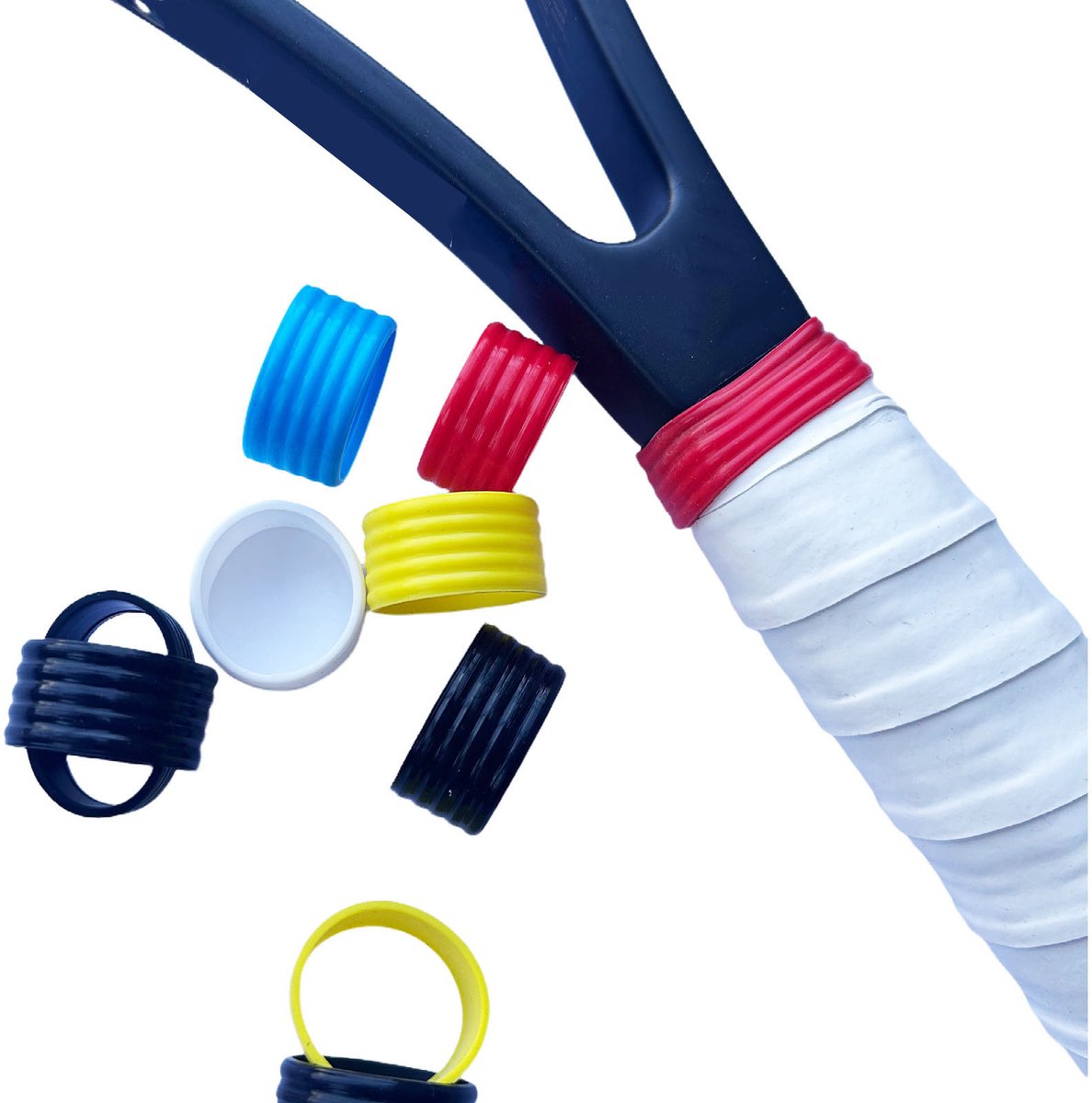 5-delige set siliconen overgrips voor tennisrackets – Voorzien van een antislipoppervlak en schokabsorberend ontwerp; gemaakt van elastisch, geurloos materiaal; ook geschikt voor badminton- en squashrackets.