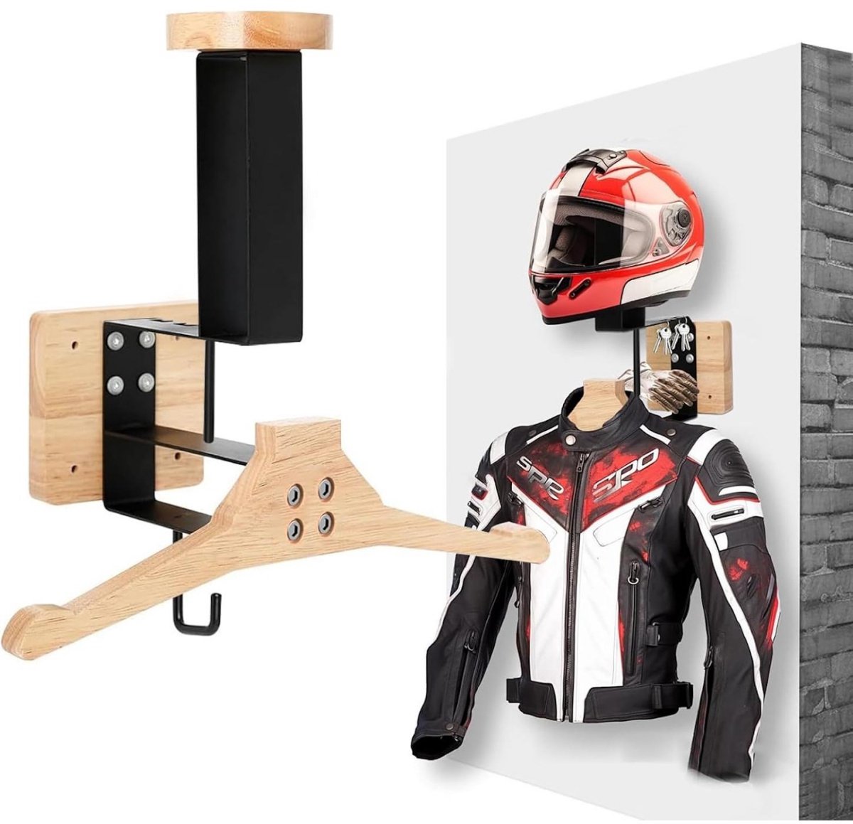 SSTRWGOOD Motoraccessoires - Muurbeugel voor Helm en Uitrusting - Rijbevestiging met Haken - Geschikt voor Motorhelm, Voetbaluitrusting en Tactische Gear - Roestvrij Staal en Hout - Max. Draagvermogen 40 kg - Afmetingen 38,5x29,5x13,8 cm