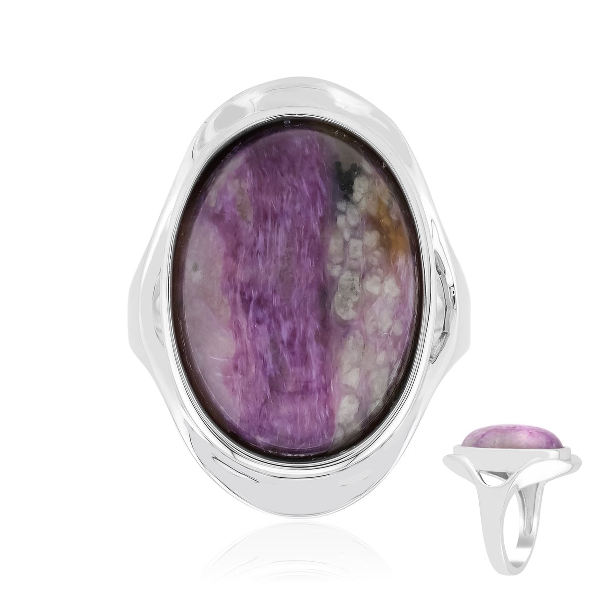 Cavill - Zilveren ring met rhodium - 10,07 ct ovale cabochon Russische Charoiet - verstelbare luxe ring met paarse edelsteen