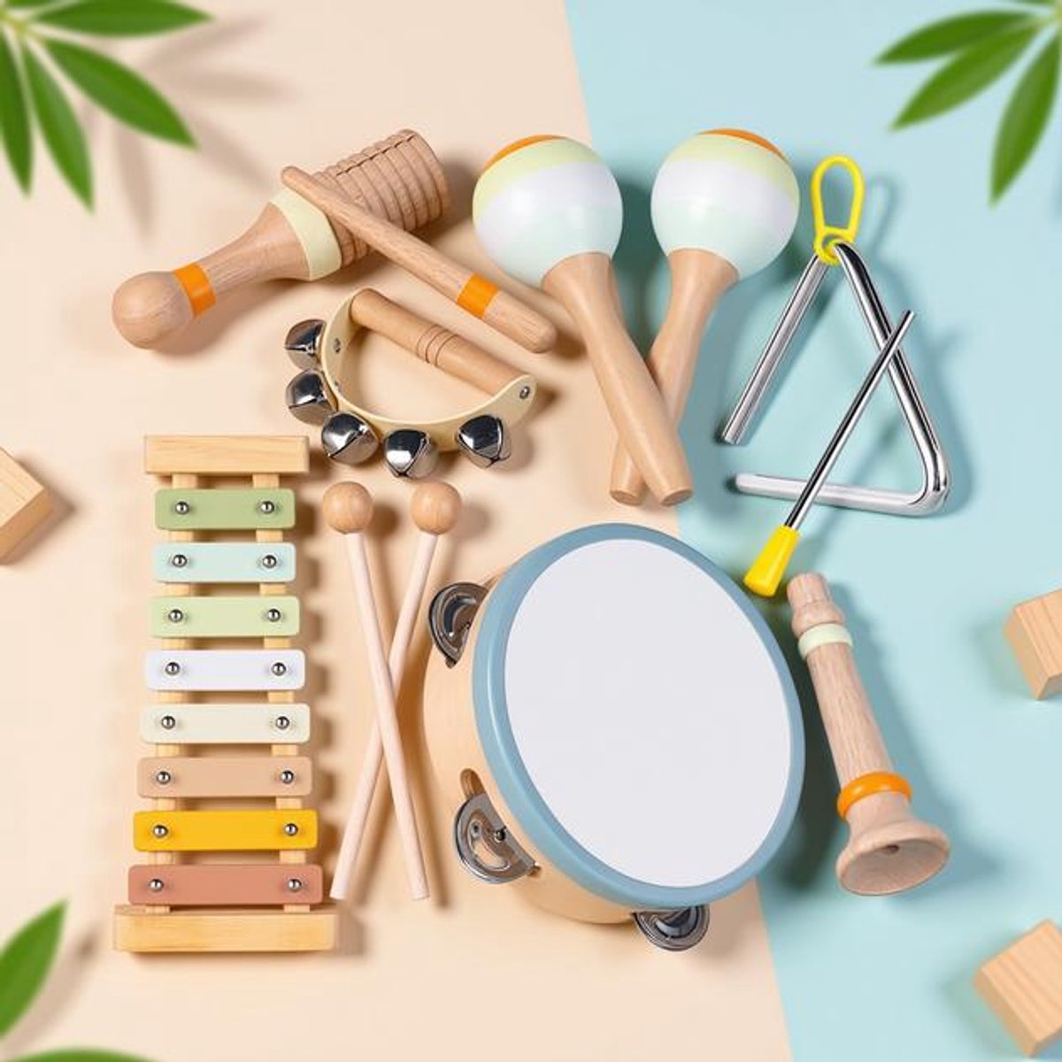 Houten Muziekinstrumenten Set voor Peuters - Xylofoon, Tamboerijn, Maracas - 8-delige Montessori Muziekset voor Kinderen van 3 tot 9 jaar
