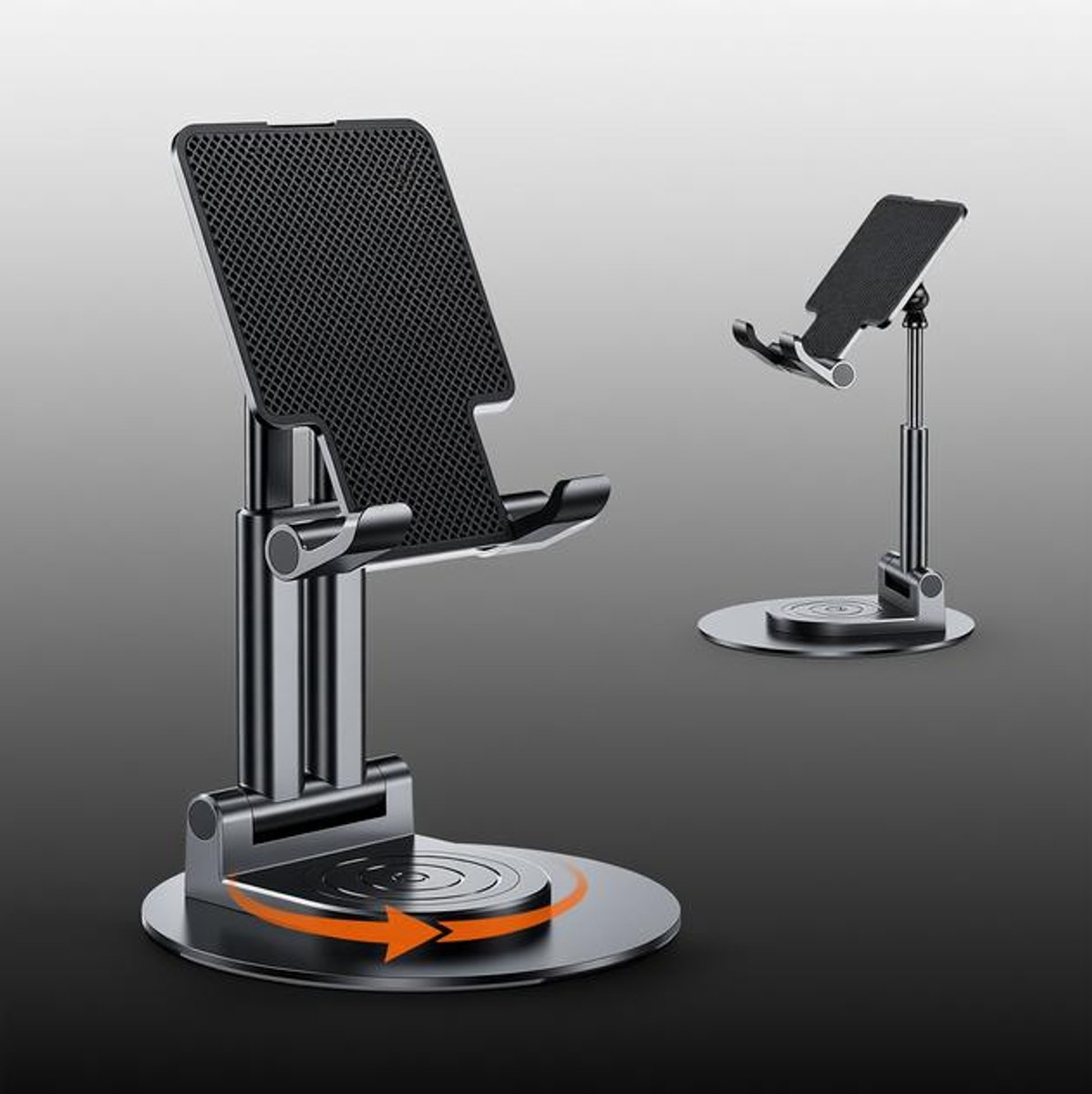 Huis Geluk Mobiele telefoonstandaard, verstelbaar, telefoonhouder voor tafel met 360 graden draaibare voet voor smartphones, iPad Mini, Kindle en meer (zwart)