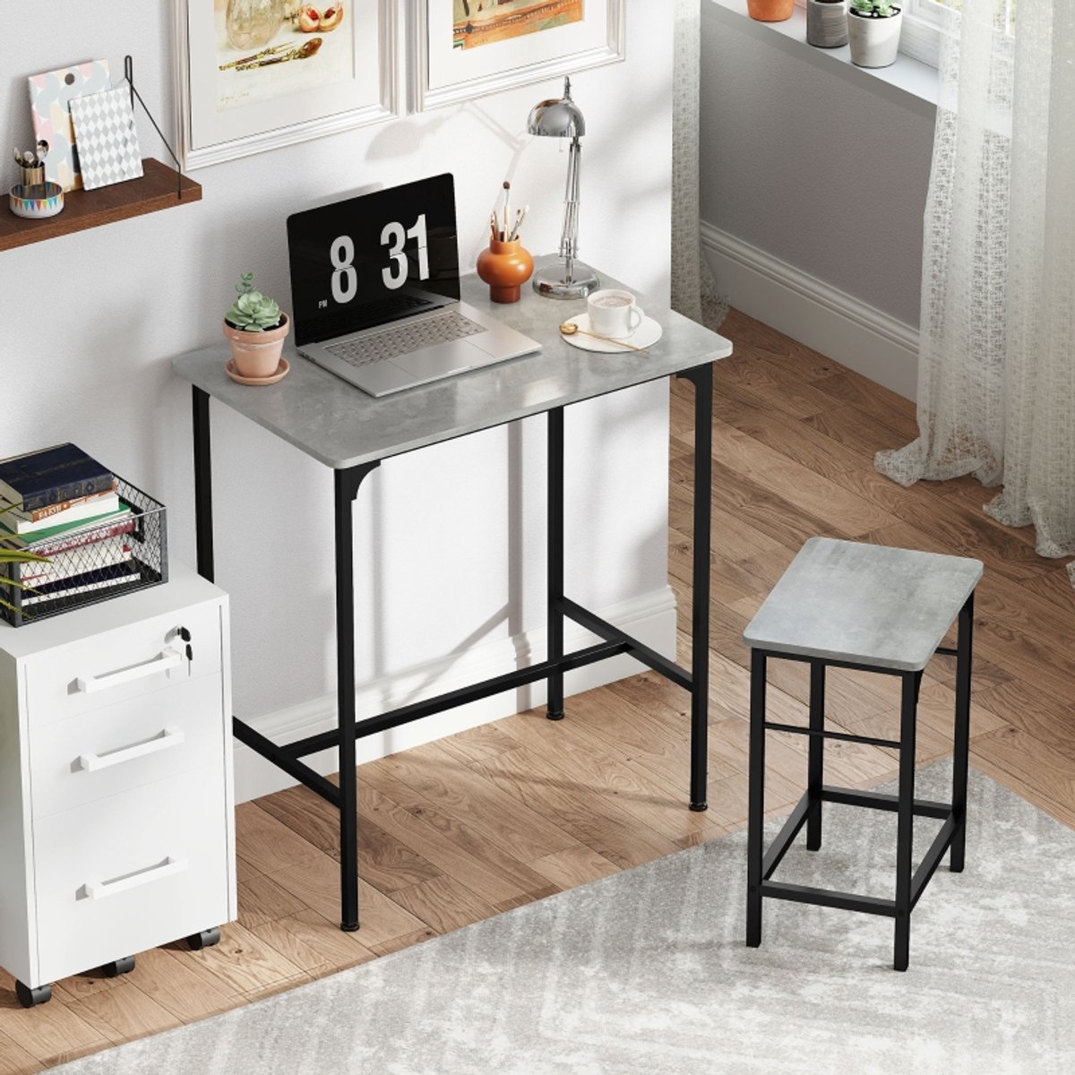Bartafelset - complete set met 1 bartafel en 2 stoelen - tafel 80 x 50 x 87 cm - staal - grijs - voor keuken, eetruimte of thuisbar