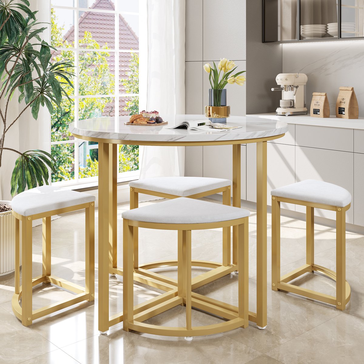 Eettafelset - complete set met 1 eettafel en 4 stoelen - tafel 80 x 80 x 75 cm - rond - mdf, metaal - wit, goud - voor keuken of eetkamer