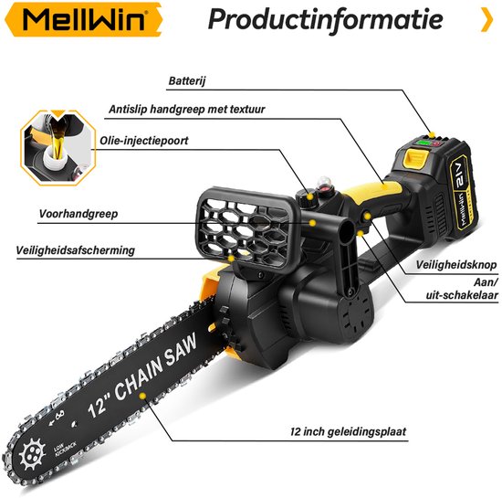 MellWin Elektrische Kettingzaag - 30 cm Kettingzaag - 4500W - met 2x Accu's - Borstelloze Handkettingzaag - Takkenzaag - voor houtbewerking en tuin — afbeelding 3