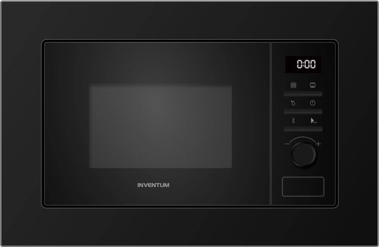 Zwarte inbouwmagnetron met grill, 21L, 800W, 38cm, 8 kookprogramma's. De deur is gesloten, het display is aan.
