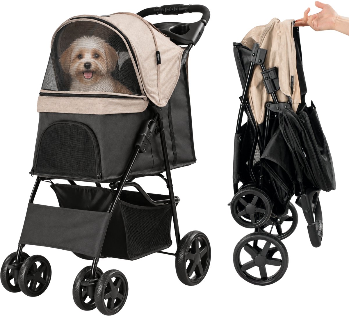 HiPet® Hondenbuggy Teddy – Inklapbaar – Beige– Tot 15 kg – Met Boodschappenmand
