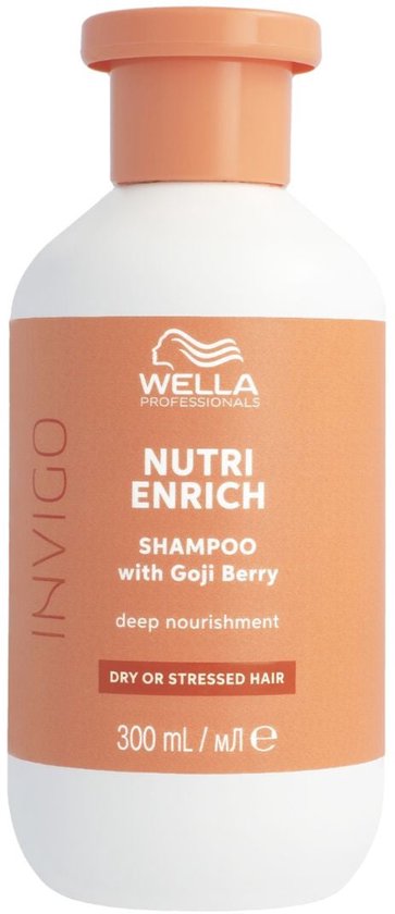 Shampoing Wella Professionals Invigo Nutri Enrich pour cheveux secs. Bouteille orange avec bouchon blanc.