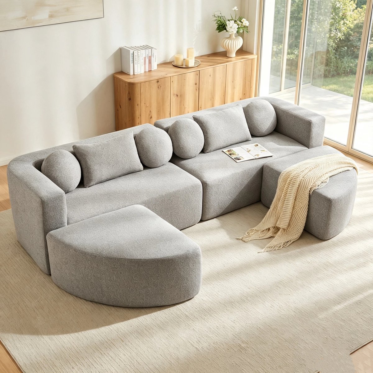 Moderne Hoekbank, U-Bank, 4-Zitsbank, Modulaire Slaapbank met Slaapfunctie, Volledig Gecomprimeerde Wolkenbank, Chenille, Geen Montage, B292 x D165x H68 cm-Grijs