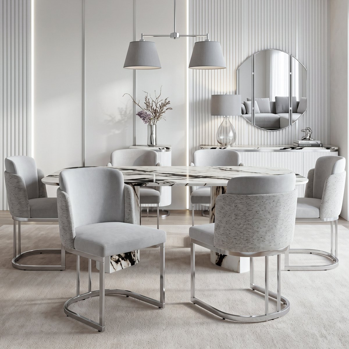 Clruro Eetkamerstoelen - 6 Stuks - Dubbele Rugleuning - Chenille en Metaal - Lichtgrijs/Zilver