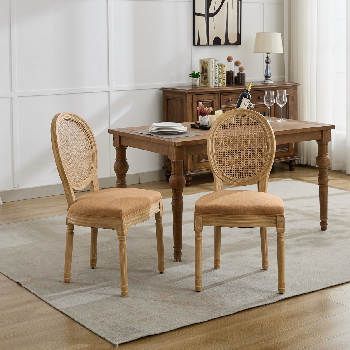 Clruro Eetkamerstoelen - 2 Stuks - Franse Rotan Rug met Antieke Look - Linnen en Hout - Bruin