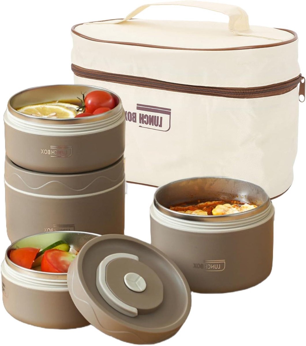 Geïsoleerde Lunchbox - Thermische Doos - Warm en Koud - Lekvrij Ontwerp - 4 Delen Set - Donkere Koffie
