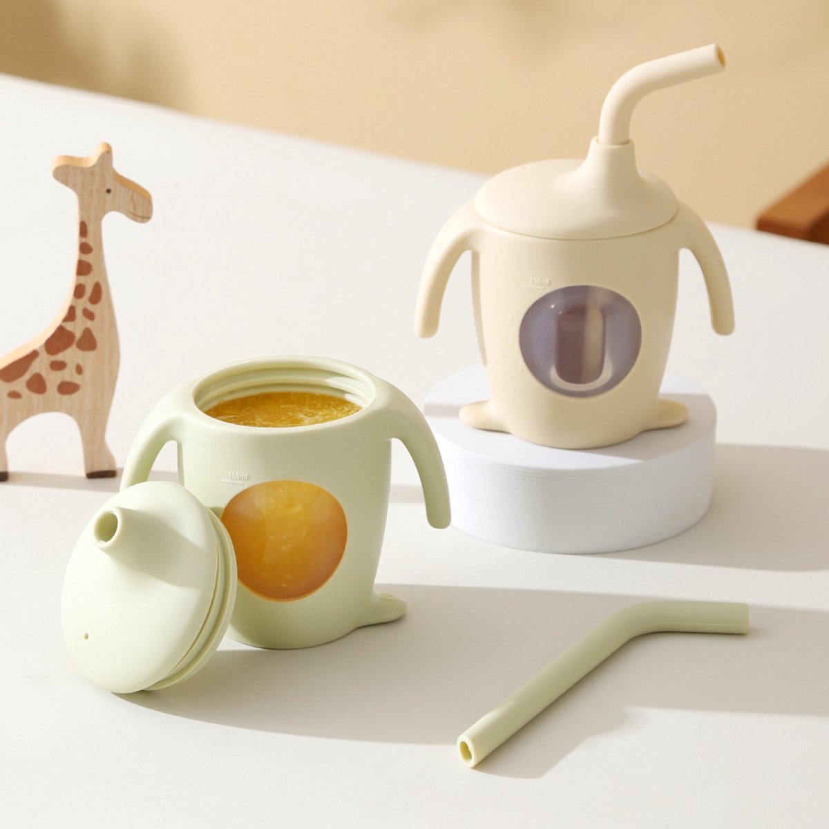 Rietjesbeker - siliconen met handvat voor baby's die leren drinken creatief cartoon pinguïn en eendenbek ontwerp