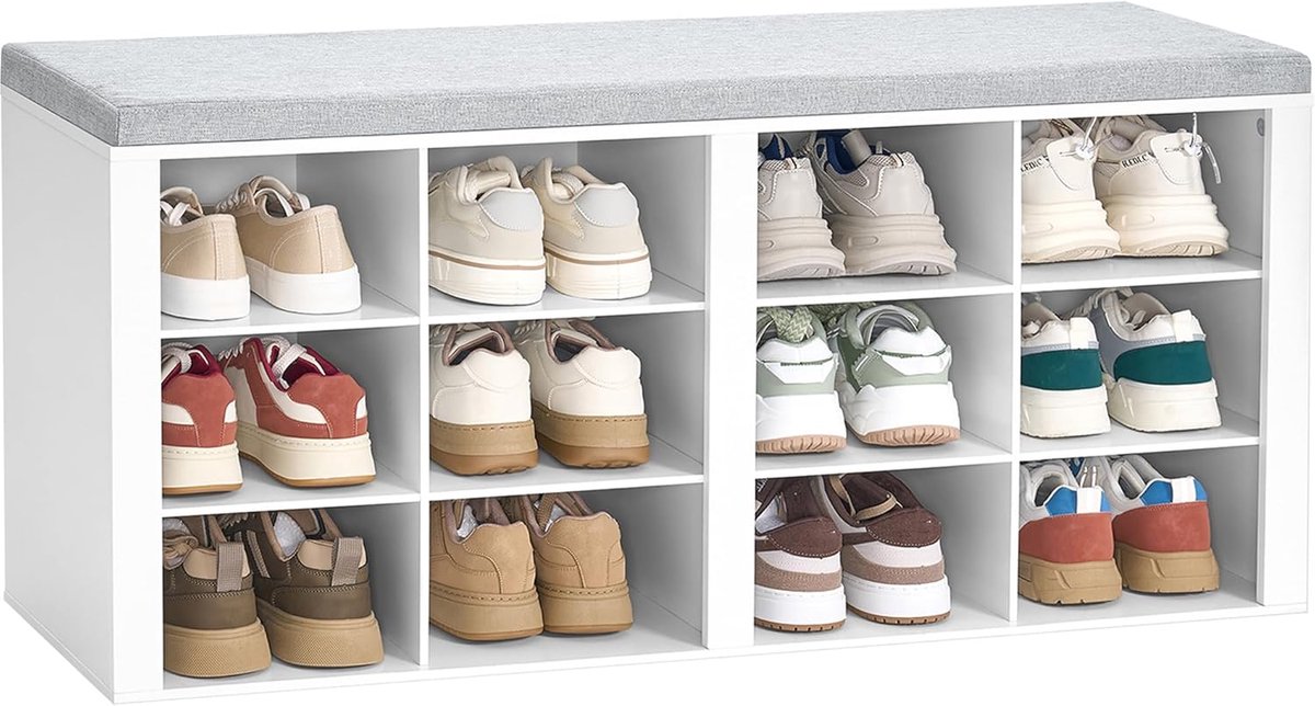 Hzuaneri Schoenenbank Met Kussen, Opbergbank Voor Hal Met 12 Cubbies, Cubby Schoenenrek Met Verstelbare Planken, Schoenenorganizerkast Voor Woonkamer, Slaapkamer, Entree, Wit Schoenenrek met zitting, bank met opbergruimte, kussen