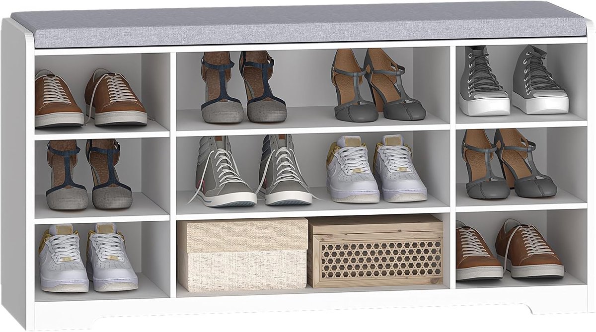 Hzuaneri Schoenenbank, Schoenenrek Met Zitvlak, Zitbank Met Opbergruimte, Kussen, 9 Vakken, 30 X 103 X 52,7 Cm, Verstelbare Planken, Voor Woonkamer, Hal, Slaapkamer, Wit-Grijs