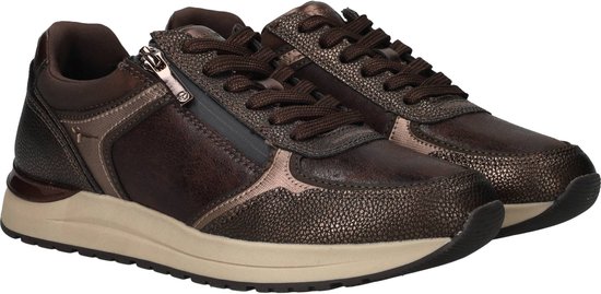 Bruine Tamaris sneakers met rits en verschillende texturen, waaronder een slangenprint.