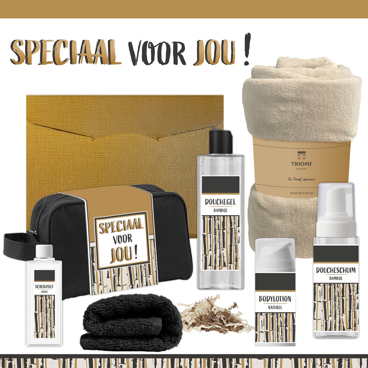 Geschenkset “Speciaal voor jou!” - 7 producten - 1390 gram | Giftset voor hem Vader Papa Cadeau Luxe Wellness Pakket Man Speciaal Cadeaupakket Doos Handdoeken Fleecedeken Geschenk Cadeaudoos Verjaardag Vaderdag Gift Set Douche Beige Goud